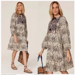 Figue Lucie Cotton Embroidered Boho Dress Istanbul Ivory Blue Pom Poms